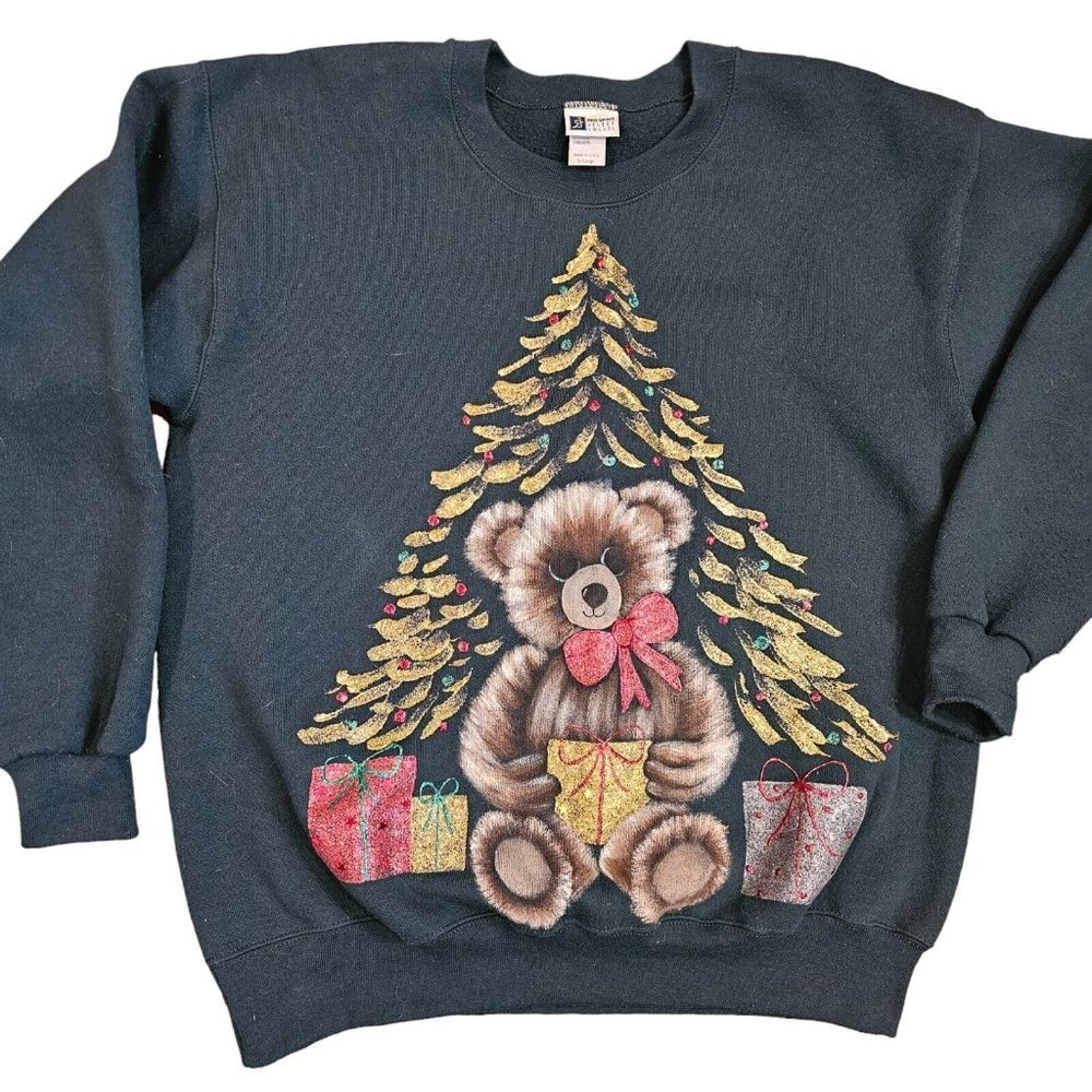 90s Teddy Bear Christmas Tree Handpainted Crewneck‎ Sweatshirt XL Green USA